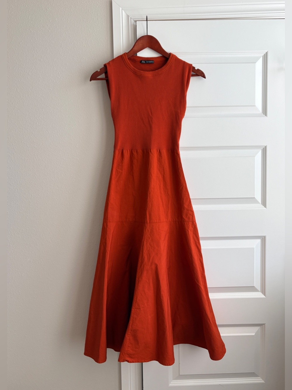 Zara Combination Midi Dress Russet Orange Ribbed Cotton S tear & no belt